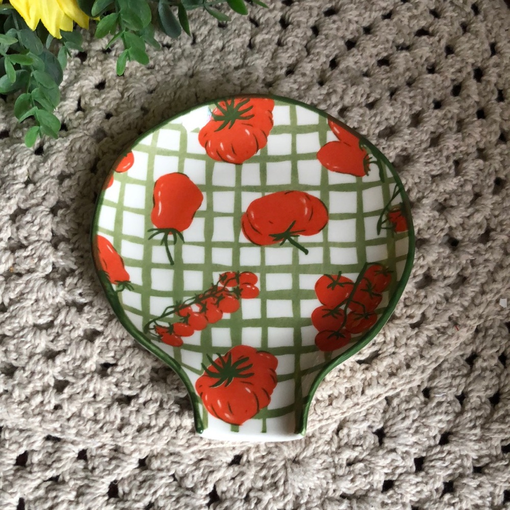 Tomato Pattern Ceramic Spoon Rest - Red & Green